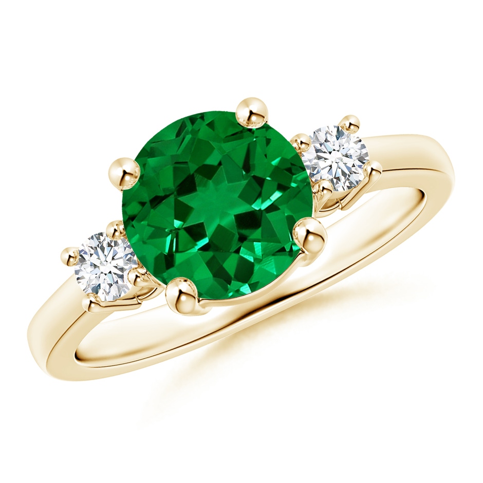8mm Labgrown Lab-Grown Prong-Set Round 3 Stone Emerald and Lab Diamond Ring in Yellow Gold 