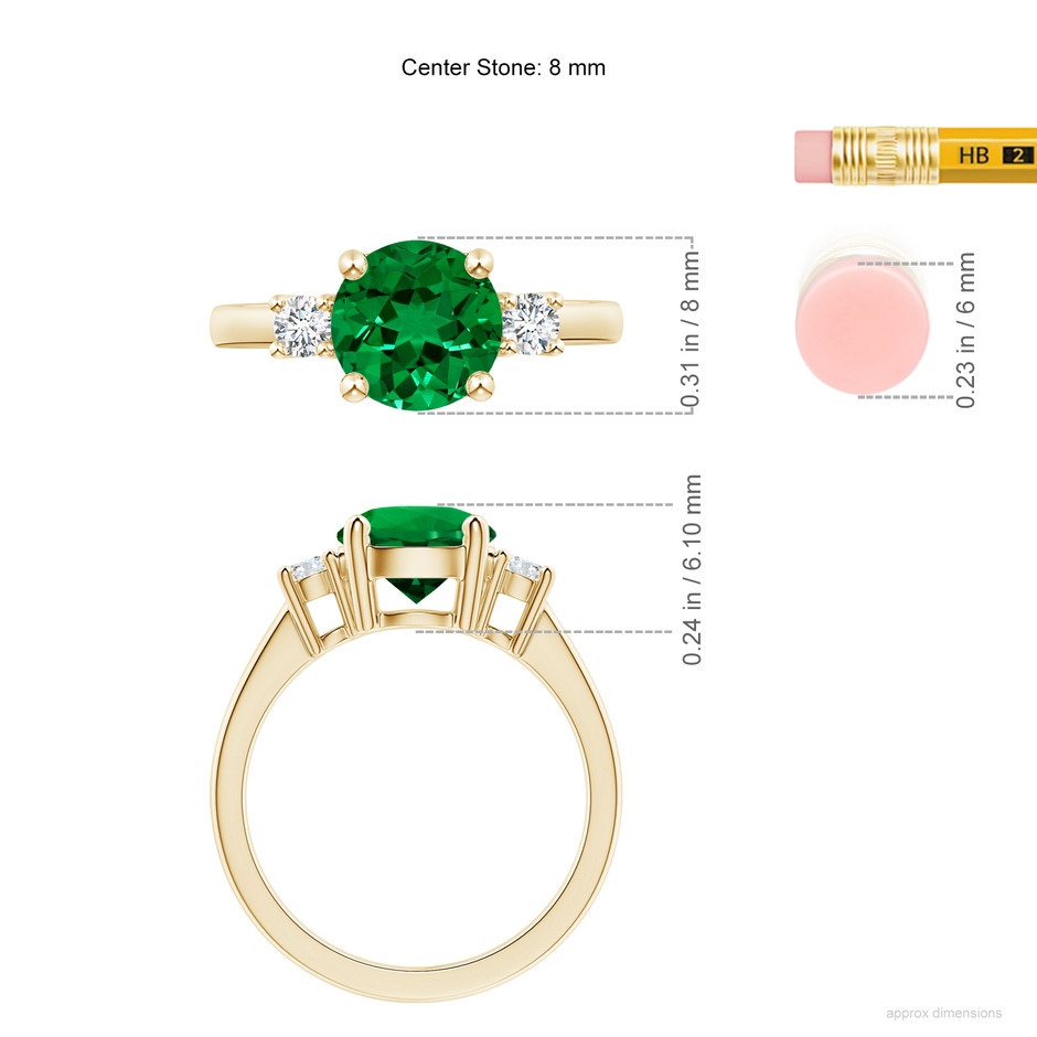 8mm Labgrown Lab-Grown Prong-Set Round 3 Stone Emerald and Lab Diamond Ring in Yellow Gold ruler