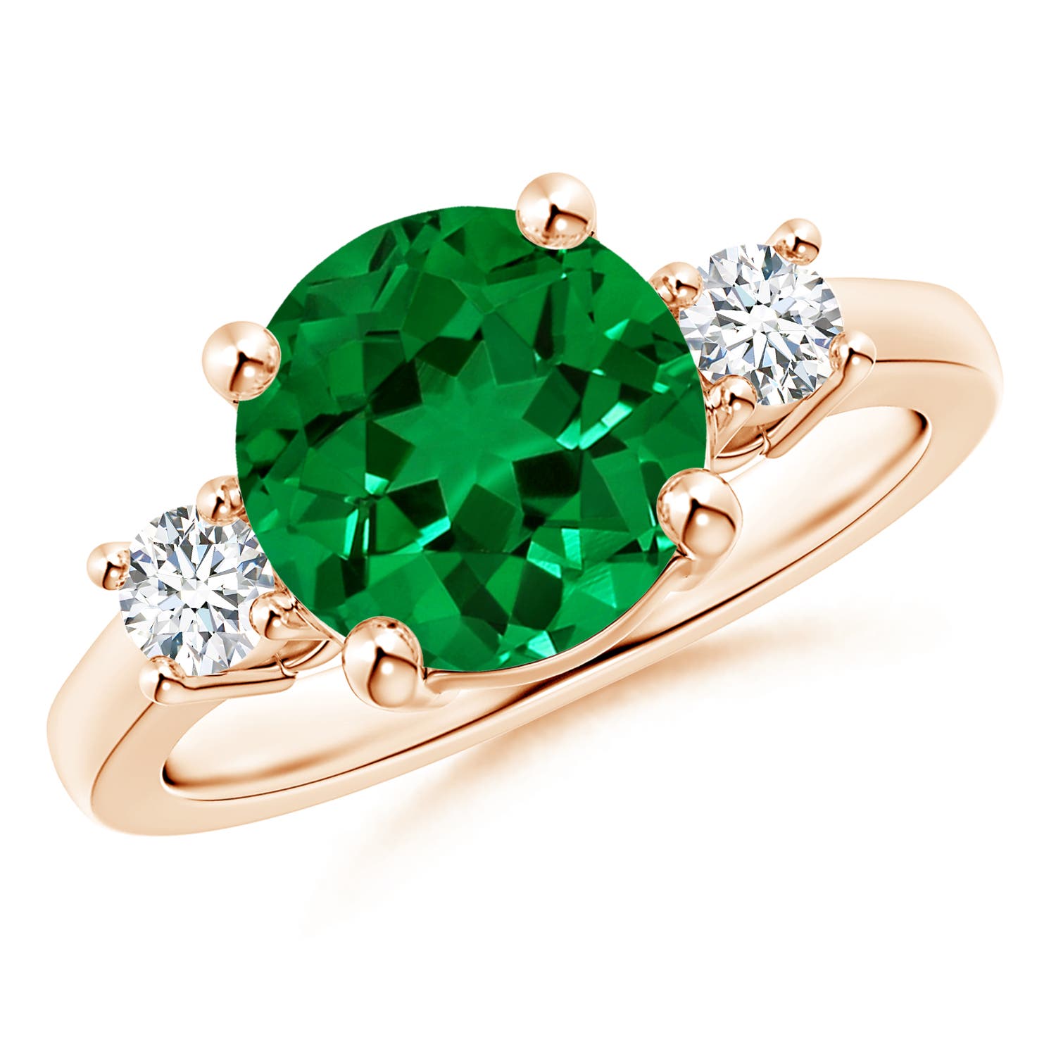9mm Labgrown Lab-Grown Prong-Set Round 3 Stone Emerald and Lab Diamond Ring in 18K Rose Gold