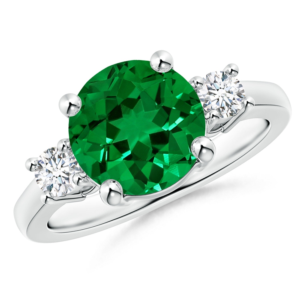 9mm Labgrown Lab-Grown Prong-Set Round 3 Stone Emerald and Lab Diamond Ring in White Gold