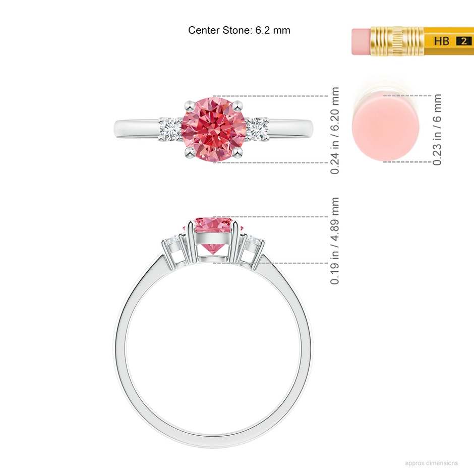 6.2mm Labgrown Prong-Set Round 3 Stone Lab-Grown Fancy Intense Pink and White Diamond Ring in P950 Platinum ruler