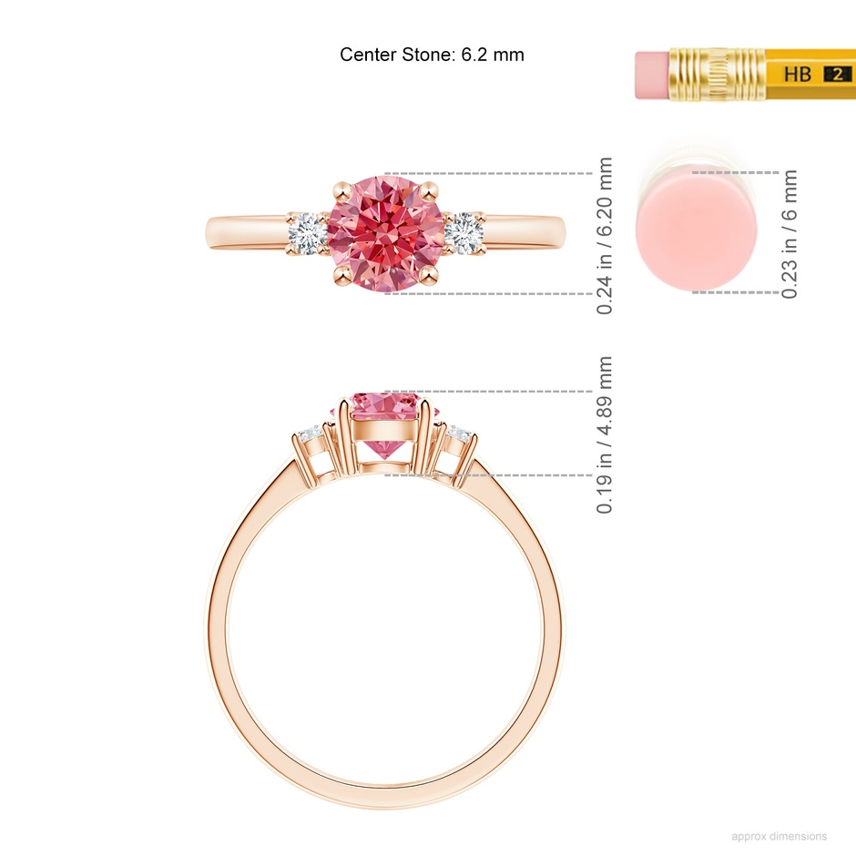 6.2mm Labgrown Prong-Set Round 3 Stone Lab-Grown Fancy Intense Pink and White Diamond Ring in Rose Gold ruler