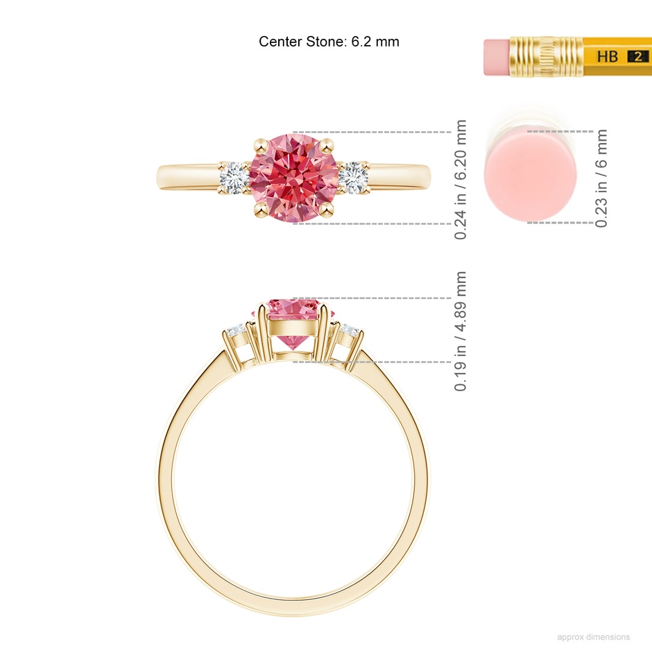 6.2mm Labgrown Prong-Set Round 3 Stone Lab-Grown Fancy Intense Pink and White Diamond Ring in Yellow Gold ruler