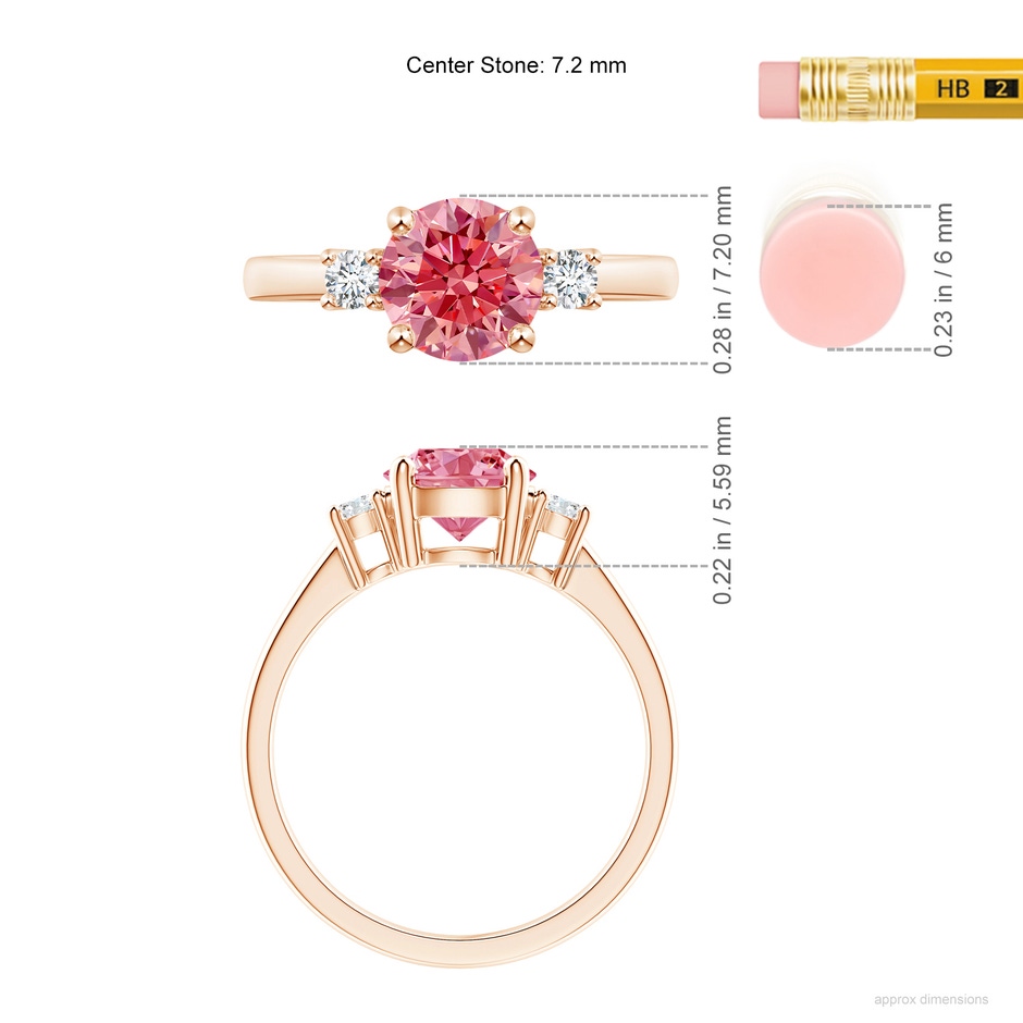 7.2mm Labgrown Prong-Set Round 3 Stone Lab-Grown Fancy Intense Pink and White Diamond Ring in Rose Gold ruler