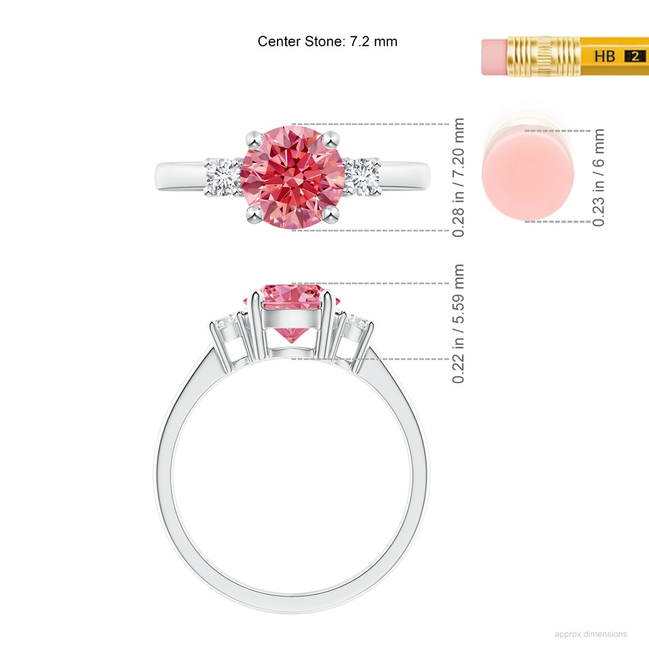 7.2mm Labgrown Prong-Set Round 3 Stone Lab-Grown Fancy Intense Pink and White Diamond Ring in White Gold ruler