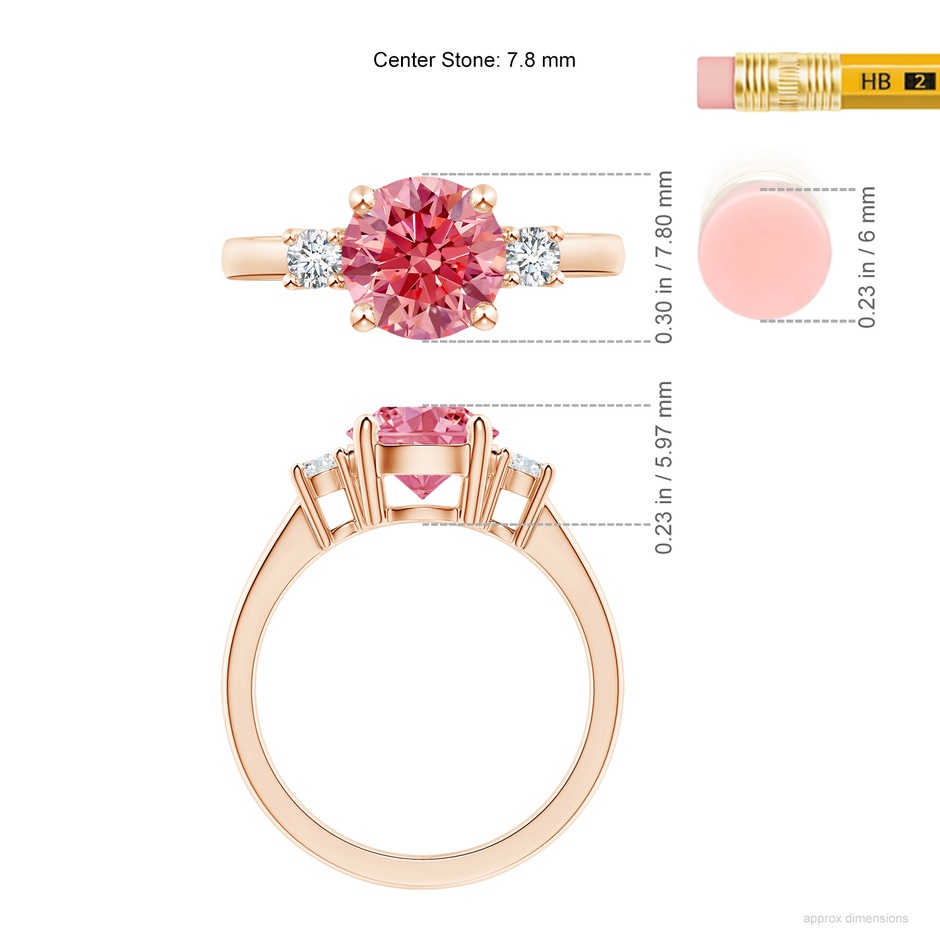 7.8mm Labgrown Prong-Set Round 3 Stone Lab-Grown Fancy Intense Pink and White Diamond Ring in Rose Gold ruler