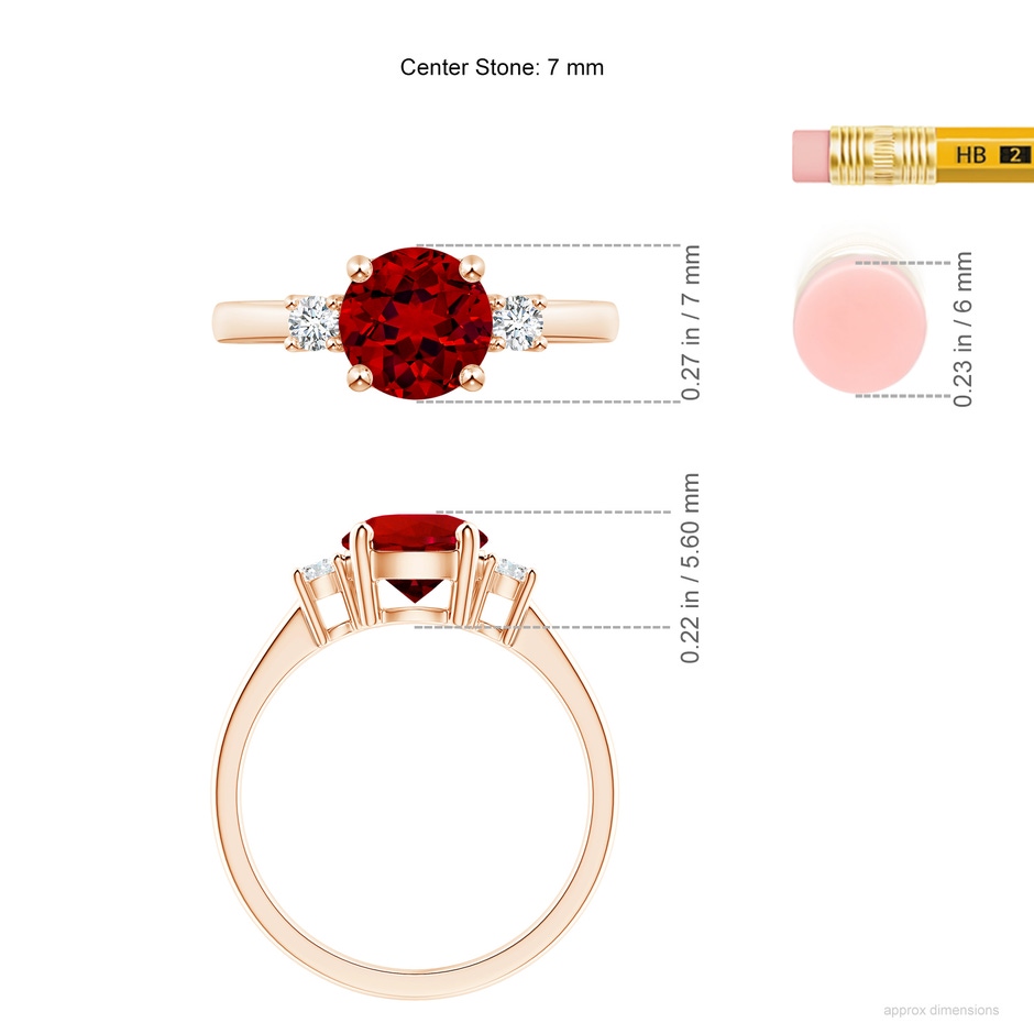 7mm Labgrown Lab-Grown Prong-Set Round 3 Stone Ruby and Lab Diamond Ring in Rose Gold ruler
