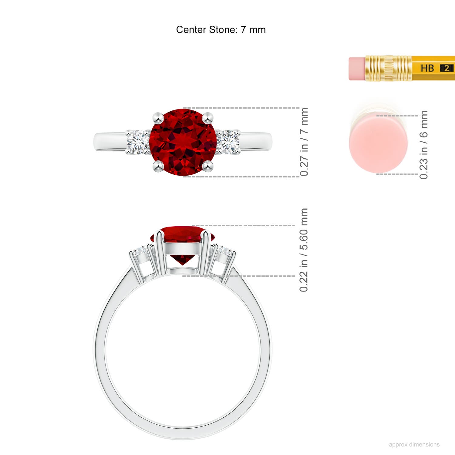7mm Labgrown Lab-Grown Prong-Set Round 3 Stone Ruby and Lab Diamond Ring in White Gold - ruler