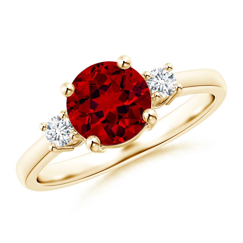 7mm Labgrown Lab-Grown Prong-Set Round 3 Stone Ruby and Lab Diamond Ring in Yellow Gold 