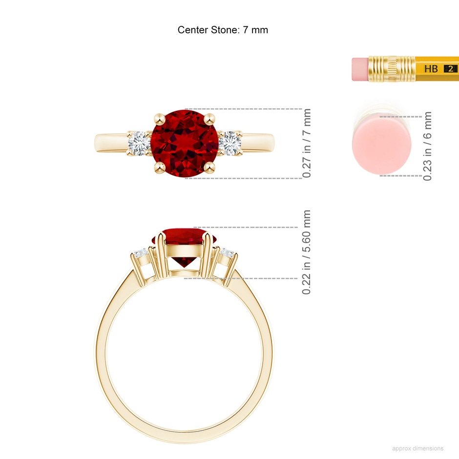 7mm Labgrown Lab-Grown Prong-Set Round 3 Stone Ruby and Lab Diamond Ring in Yellow Gold ruler