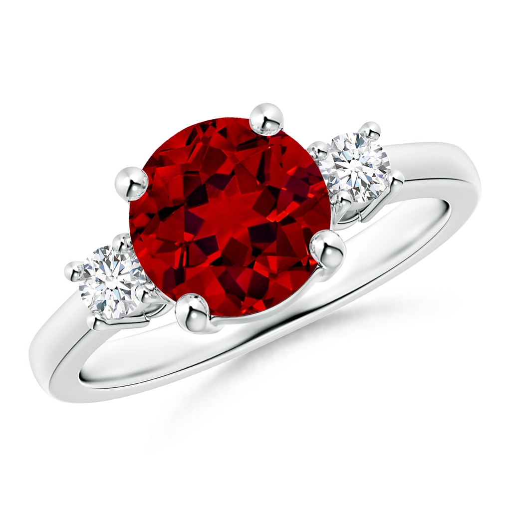 8mm Labgrown Lab-Grown Prong-Set Round 3 Stone Ruby and Lab Diamond Ring in 18K White Gold