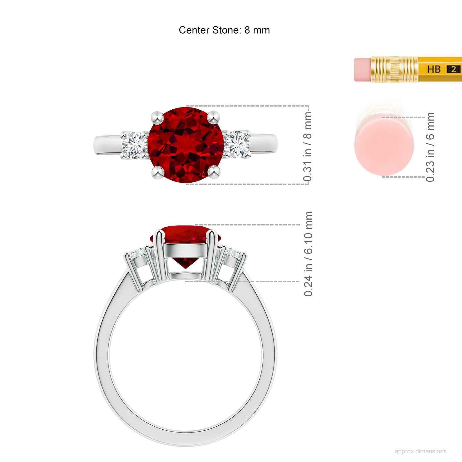8mm Labgrown Lab-Grown Prong-Set Round 3 Stone Ruby and Lab Diamond Ring in 18CT White Gold - ruler