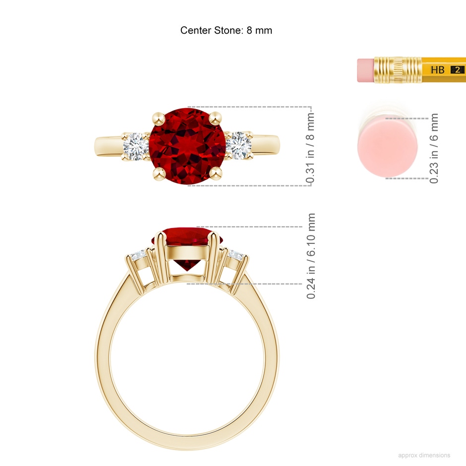 8mm Labgrown Lab-Grown Prong-Set Round 3 Stone Ruby and Lab Diamond Ring in 18K Yellow Gold ruler