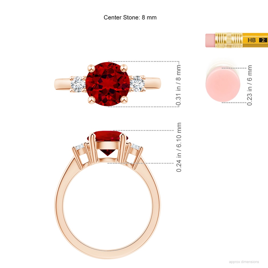 8mm Labgrown Lab-Grown Prong-Set Round 3 Stone Ruby and Lab Diamond Ring in Rose Gold ruler