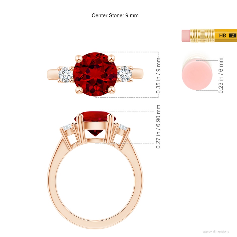 9mm Labgrown Lab-Grown Prong-Set Round 3 Stone Ruby and Lab Diamond Ring in 18K Rose Gold ruler
