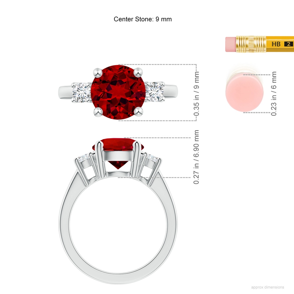 9mm Labgrown Lab-Grown Prong-Set Round 3 Stone Ruby and Lab Diamond Ring in P950 Platinum ruler