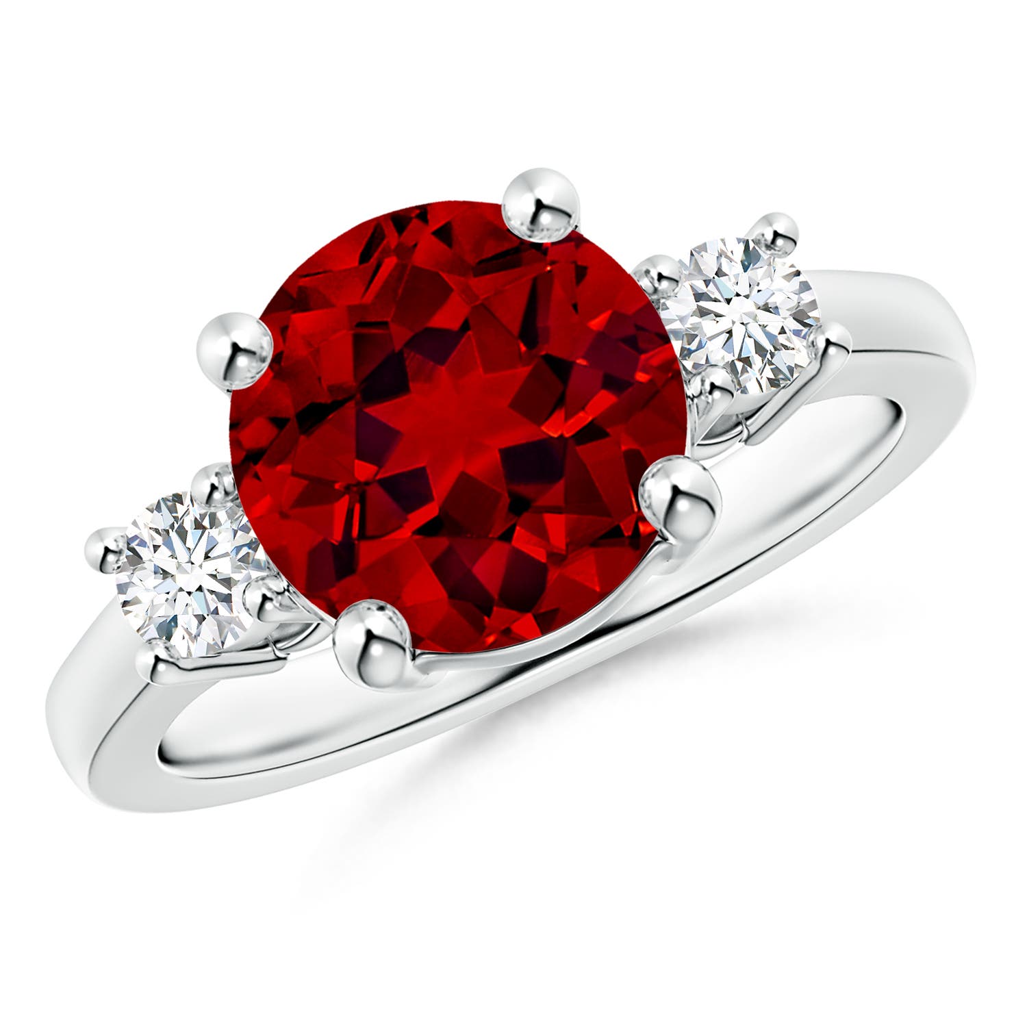 9mm Labgrown Lab-Grown Prong-Set Round 3 Stone Ruby and Lab Diamond Ring in White Gold