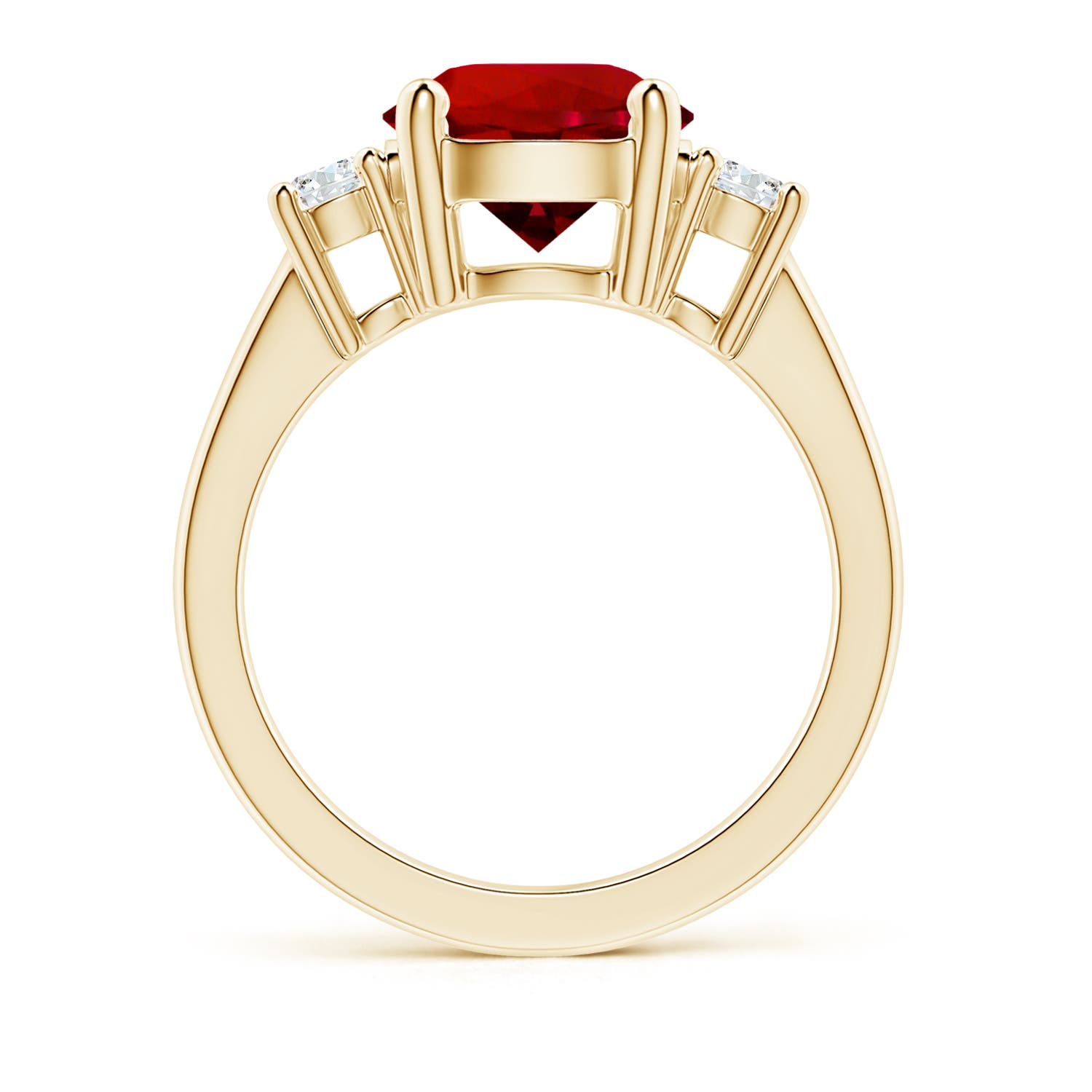 9mm Labgrown Lab-Grown Prong-Set Round 3 Stone Ruby and Lab Diamond Ring in Yellow Gold
