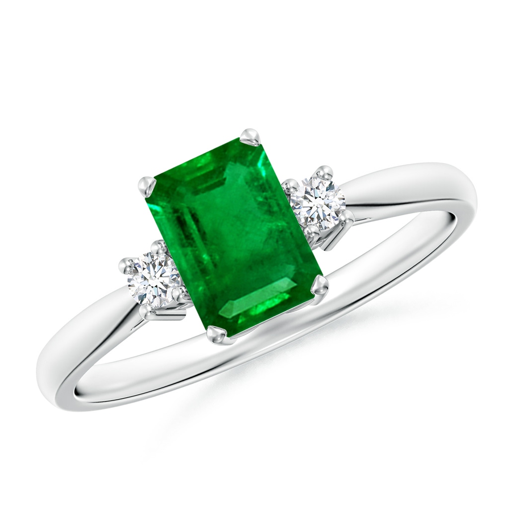 7x5mm Labgrown Lab-Grown-Classic Emerald-Cut Emerald & Round Diamond Three Stone Ring in S999 Silver