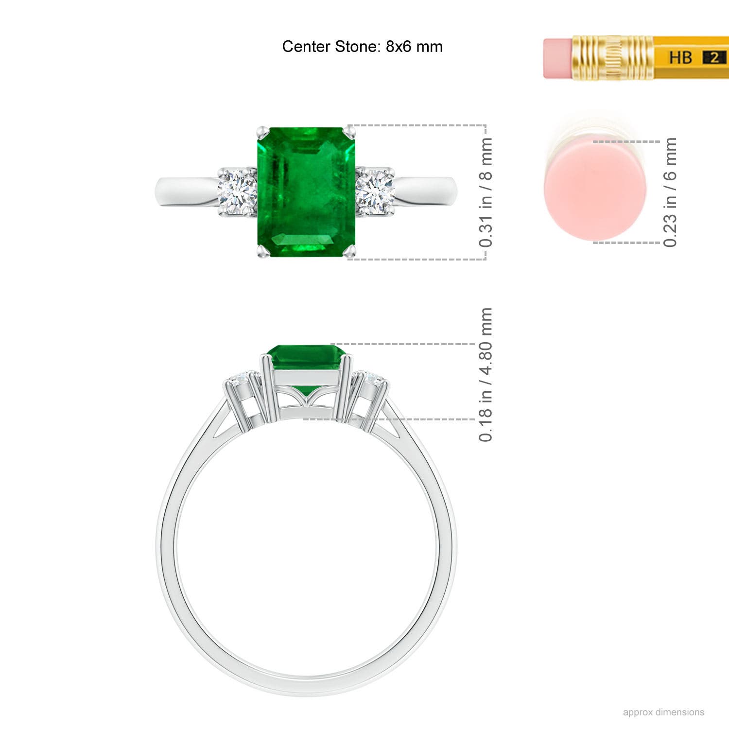 8x6mm Labgrown Lab-Grown-Classic Emerald-Cut Emerald & Round Diamond Three Stone Ring in White Gold - ruler