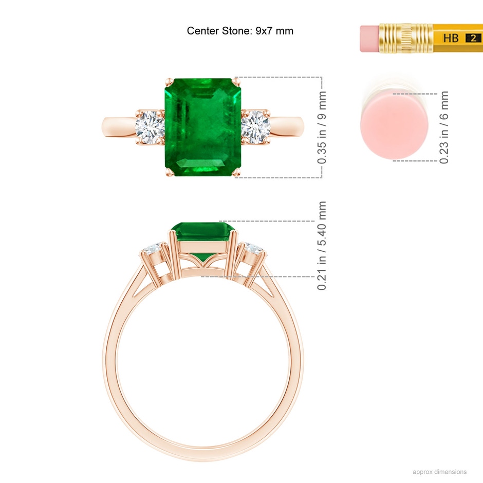 9x7mm Labgrown Lab-Grown-Classic Emerald-Cut Emerald & Round Diamond Three Stone Ring in Rose Gold ruler