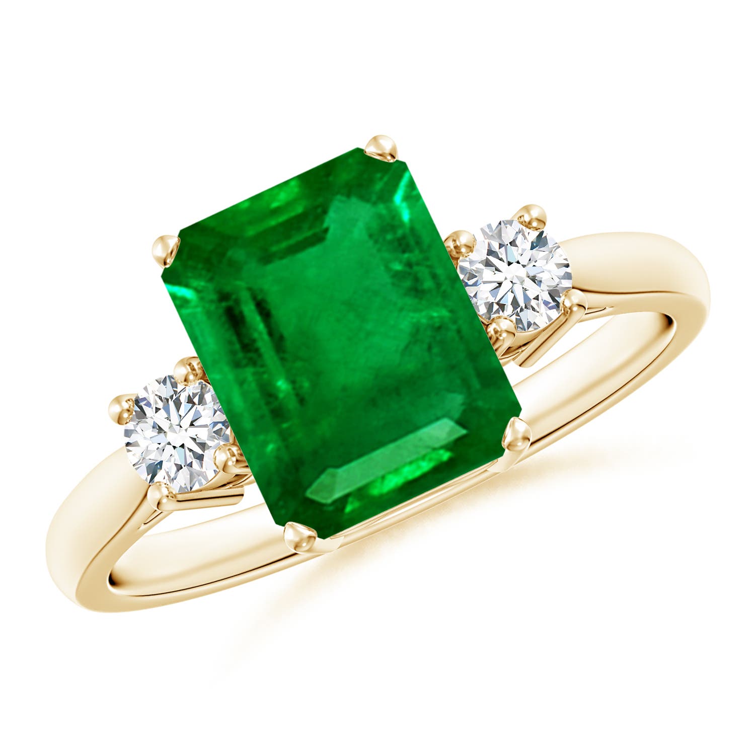 9x7mm Labgrown Lab-Grown-Classic Emerald-Cut Emerald & Round Diamond Three Stone Ring in Yellow Gold