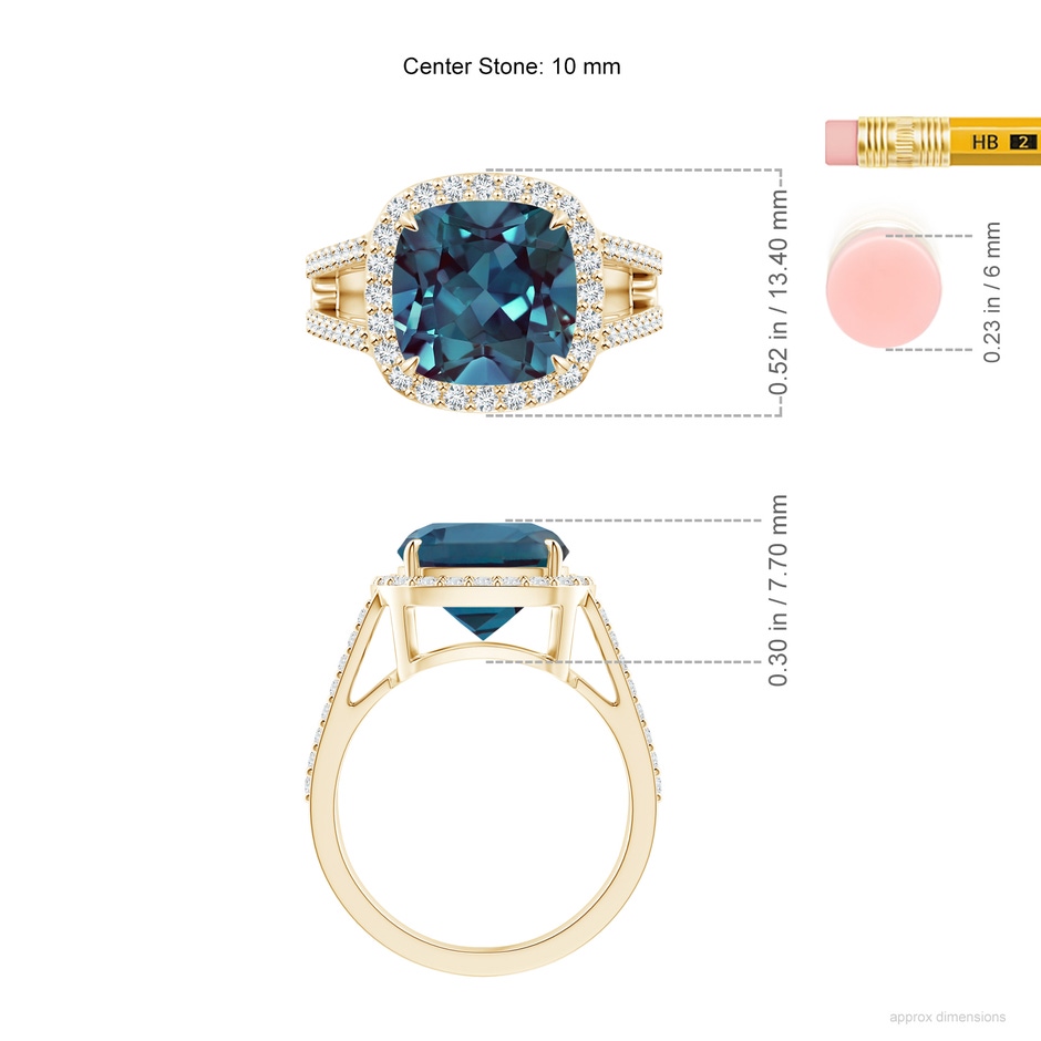10mm Labgrown Cushion Lab-Grown Alexandrite Split Shank Ring with Diamond Halo in 18K Yellow Gold ruler