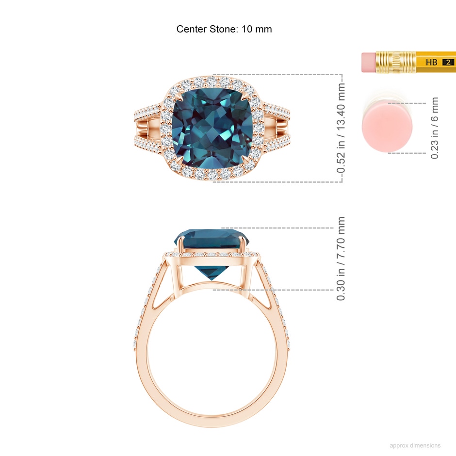 10mm Labgrown Cushion Lab-Grown Alexandrite Split Shank Ring with Diamond Halo in Rose Gold ruler
