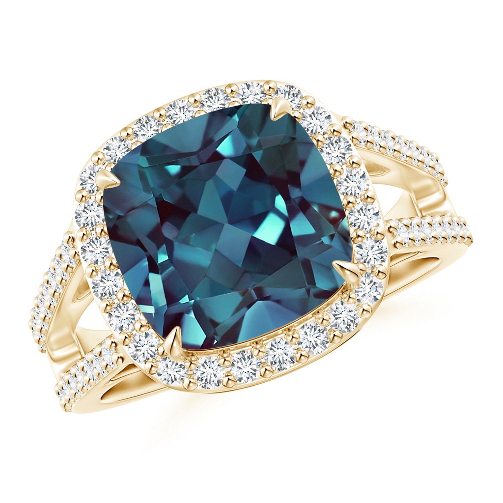 10mm Labgrown Cushion Lab-Grown Alexandrite Split Shank Ring with Diamond Halo in Yellow Gold