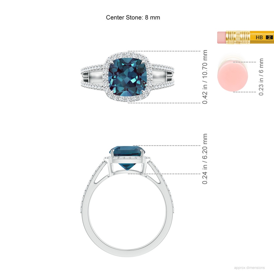 8mm Labgrown Cushion Lab-Grown Alexandrite Split Shank Ring with Diamond Halo in P950 Platinum ruler
