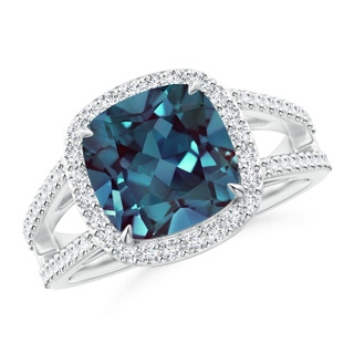 9mm Labgrown Cushion Lab-Grown Alexandrite Split Shank Ring with Diamond Halo in White Gold