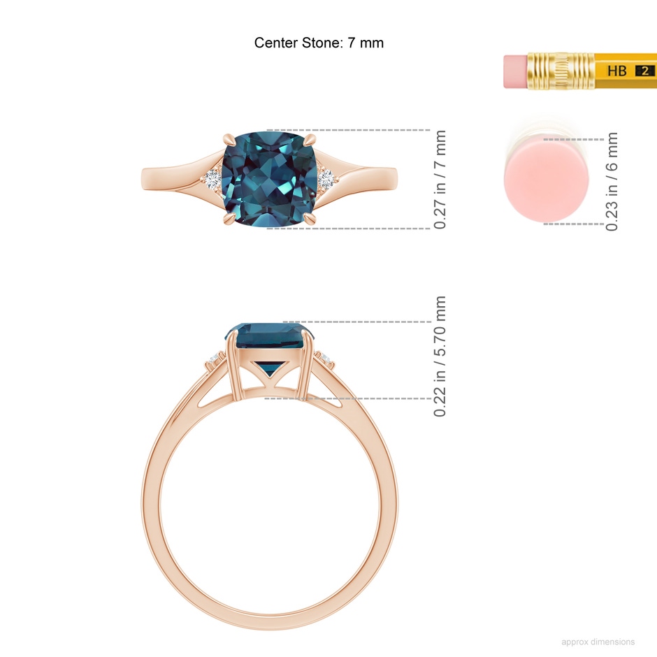 7mm Labgrown Split Shank Cushion Lab-Grown Alexandrite Solitaire Ring in Rose Gold ruler