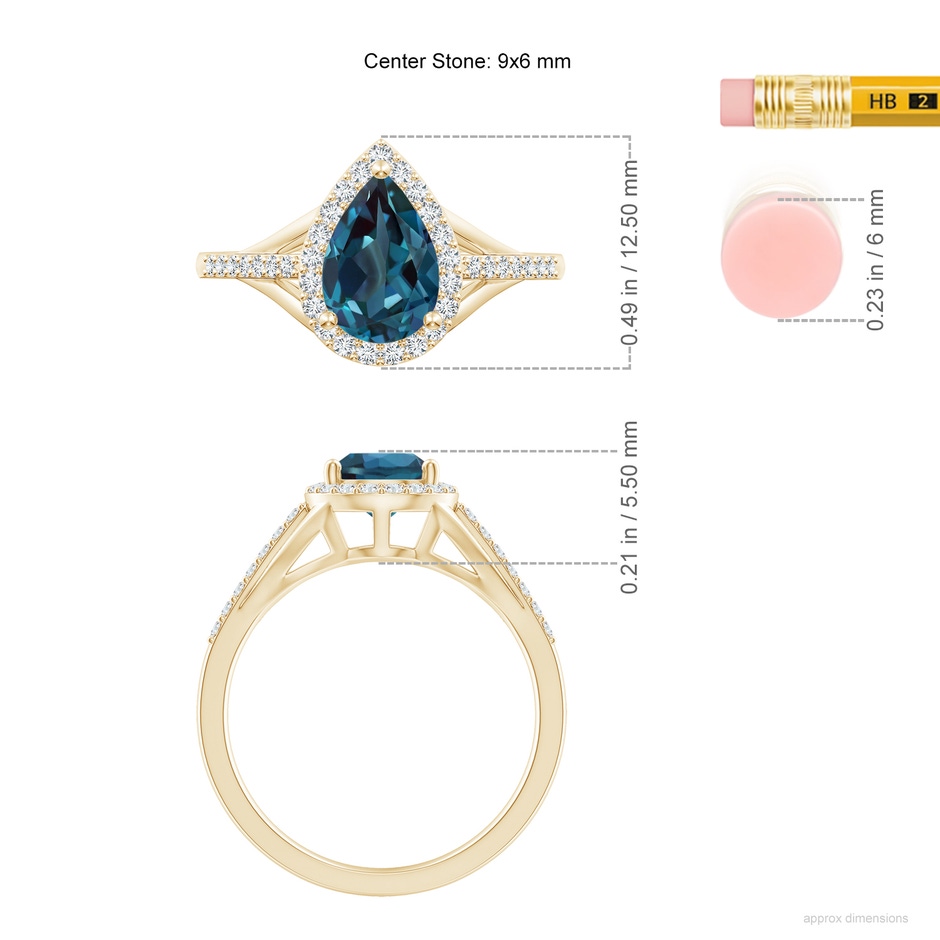 9x6mm Labgrown Pear-Shaped Lab-Grown Alexandrite Ring with Diamond Halo in Yellow Gold ruler