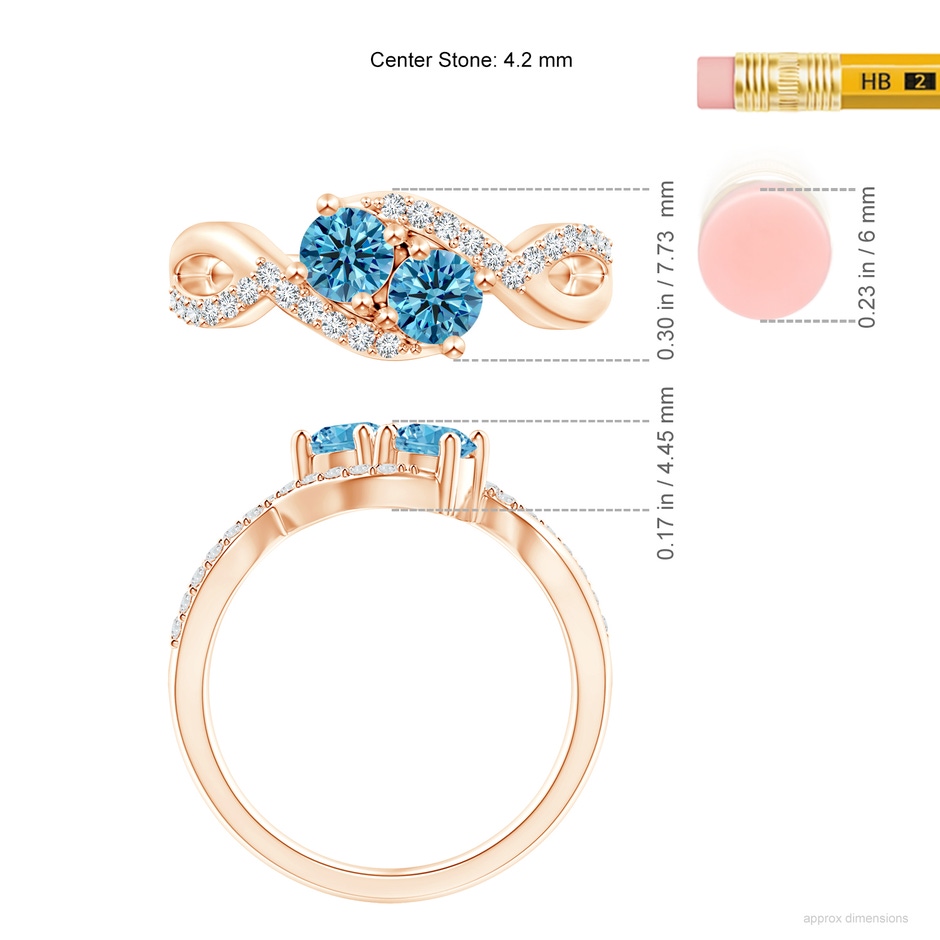 4.2mm Labgrown Two Stone Lab-Grown Fancy Intense Blue Diamond Split Shank Bypass Ring in Rose Gold ruler