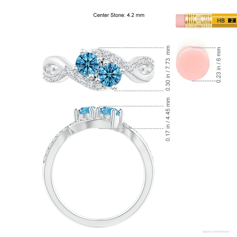 4.2mm Labgrown Two Stone Lab-Grown Fancy Intense Blue Diamond Split Shank Bypass Ring in White Gold ruler