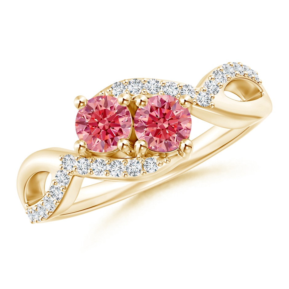 4.2mm Labgrown Two Stone Lab-Grown Fancy Intense Pink Diamond Split Shank Bypass Ring in Yellow Gold 