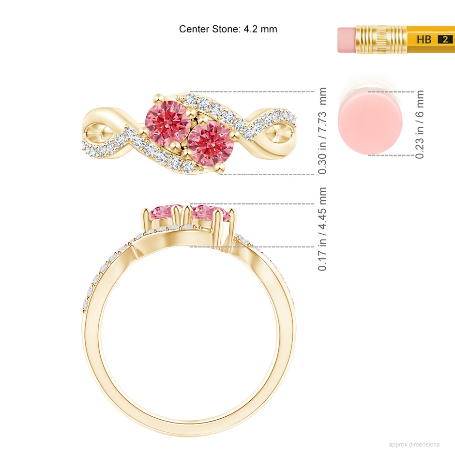 4.2mm Labgrown Two Stone Lab-Grown Fancy Intense Pink Diamond Split Shank Bypass Ring in Yellow Gold ruler