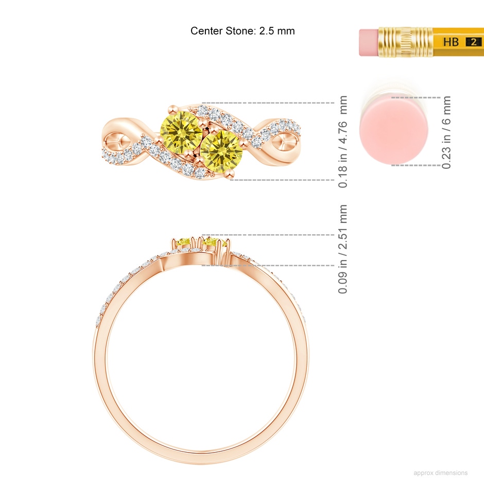 2.5mm Labgrown Two Stone Lab-Grown Fancy Intense Yellow Diamond Split Shank Bypass Ring in Rose Gold ruler