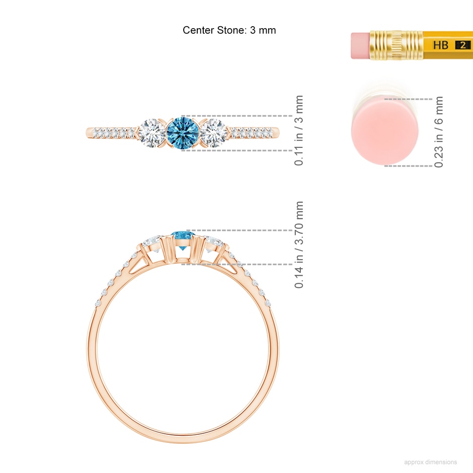 3mm Labgrown Unique Prong-Set Lab-Grown Fancy Intense Blue Diamond Three Stone Engagement Ring in Rose Gold ruler