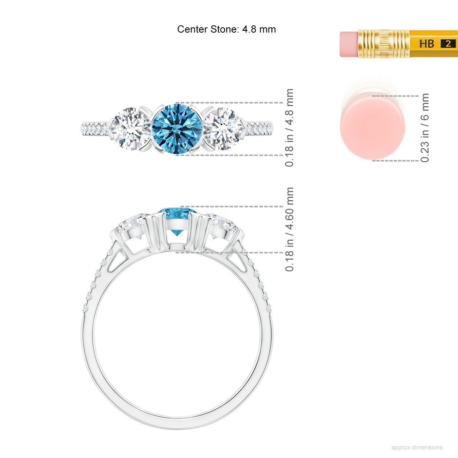4.8mm Labgrown Unique Prong-Set Lab-Grown Fancy Intense Blue Diamond Three Stone Engagement Ring in P950 Platinum ruler