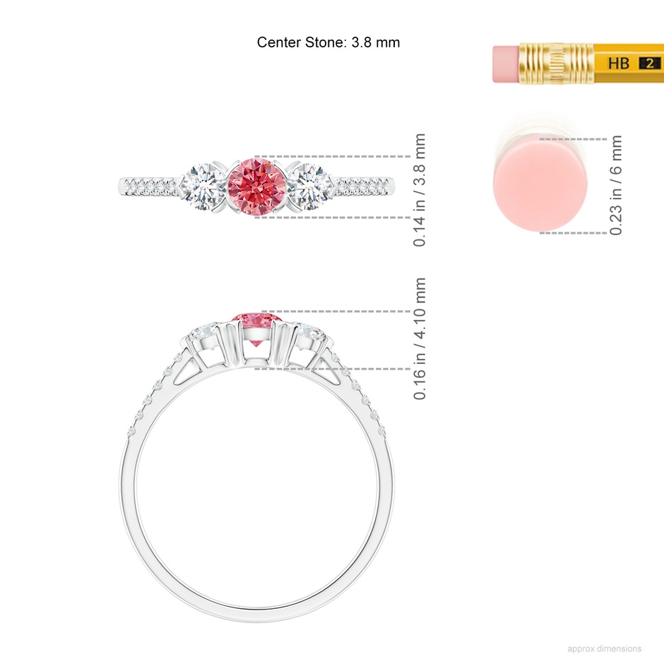 3.8mm Labgrown Unique Prong-Set Lab-Grown Fancy Intense Pink Diamond Three Stone Engagement Ring in White Gold ruler