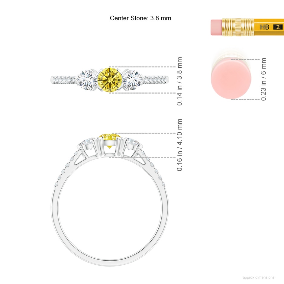 3.8mm Labgrown Unique Prong-Set Lab-Grown Fancy Intense Yellow Diamond Three Stone Engagement Ring in White Gold ruler