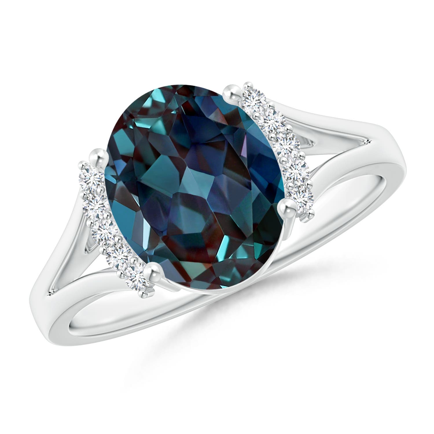 10x8mm Labgrown Oval Lab-Grown Alexandrite Split Shank Ring with Diamond Collar in White Gold