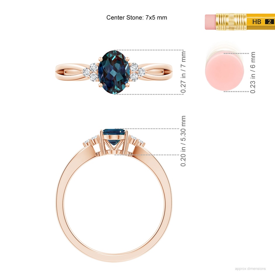 7x5mm Labgrown Oval Lab-Grown Alexandrite Split Shank Ring with Trio Diamonds in 18K Rose Gold ruler