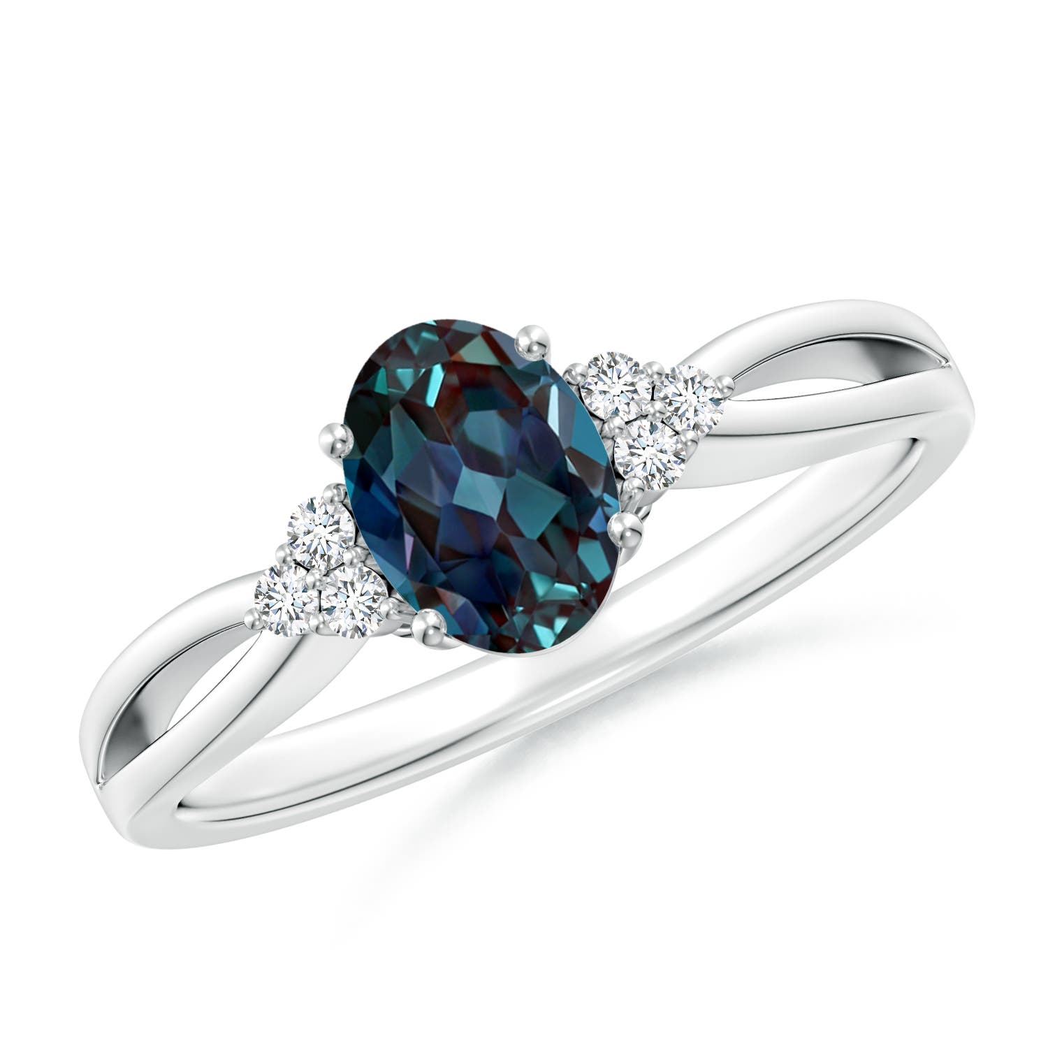7x5mm Labgrown Oval Lab-Grown Alexandrite Split Shank Ring with Trio Diamonds in 18K White Gold