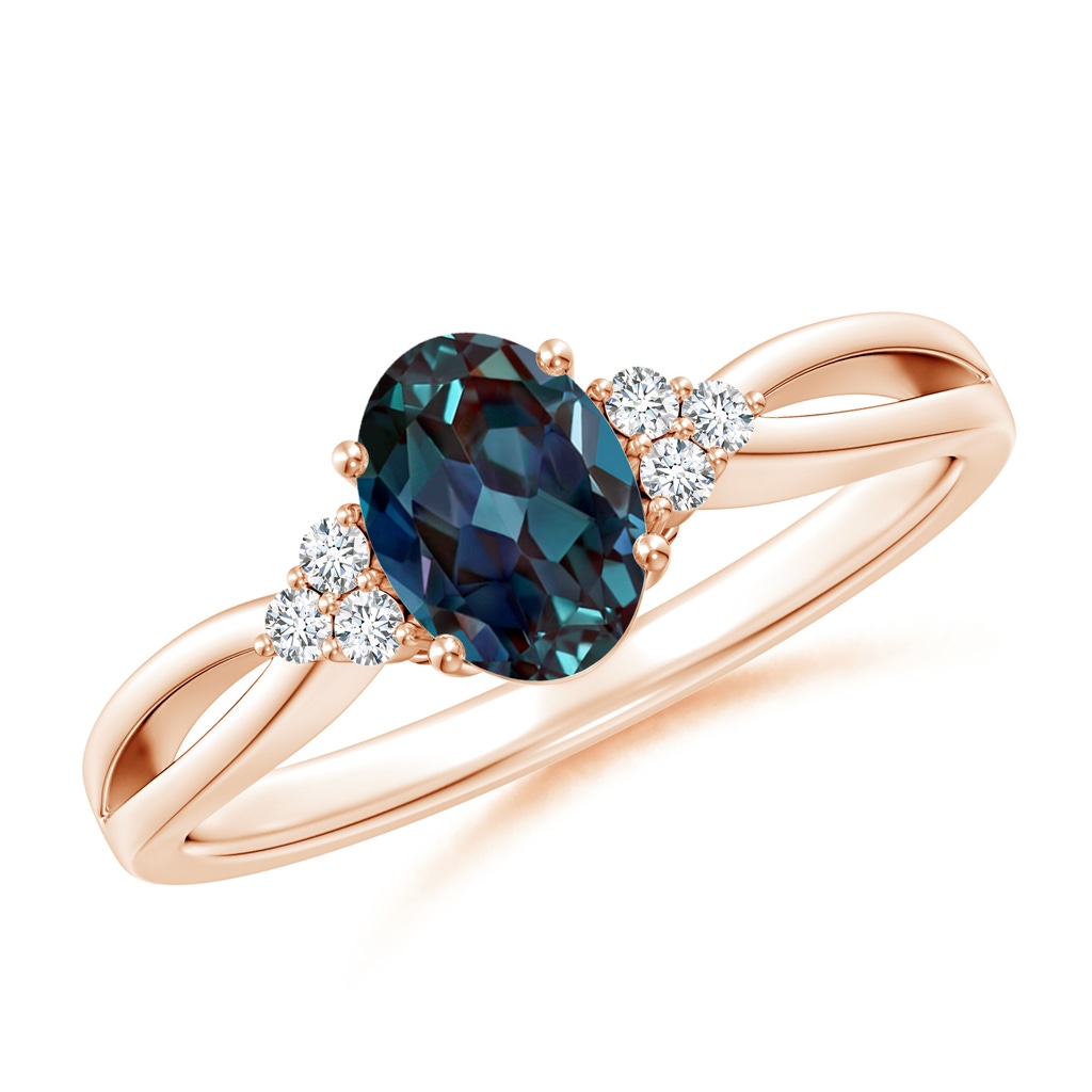 7x5mm Labgrown Oval Lab-Grown Alexandrite Split Shank Ring with Trio Diamonds in Rose Gold