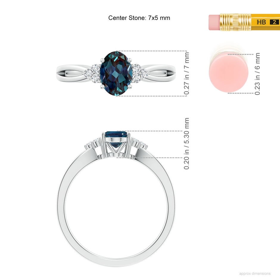 7x5mm Labgrown Oval Lab-Grown Alexandrite Split Shank Ring with Trio Diamonds in White Gold ruler