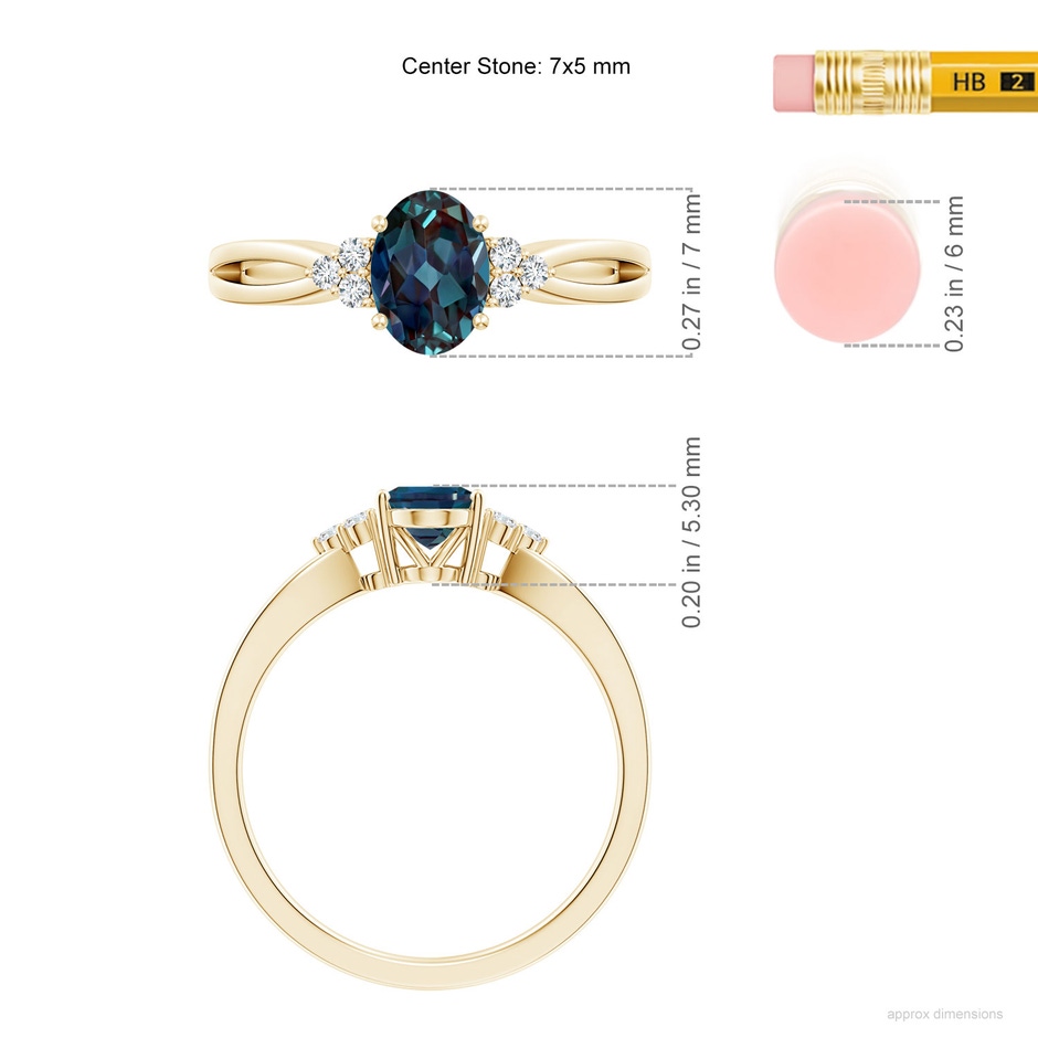 7x5mm Labgrown Oval Lab-Grown Alexandrite Split Shank Ring with Trio Diamonds in Yellow Gold ruler