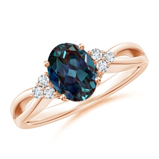 8x6mm Labgrown Oval Lab-Grown Alexandrite Split Shank Ring with Trio Diamonds in 18K Rose Gold