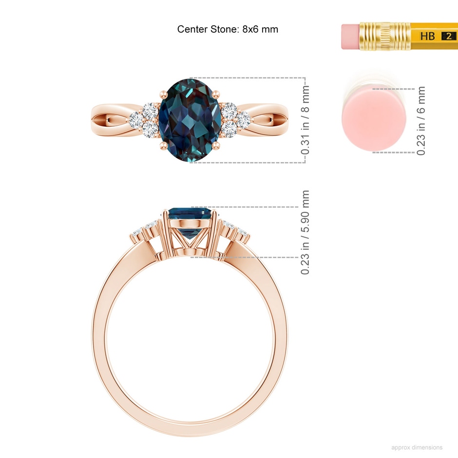 8x6mm Labgrown Oval Lab-Grown Alexandrite Split Shank Ring with Trio Diamonds in 18K Rose Gold ruler